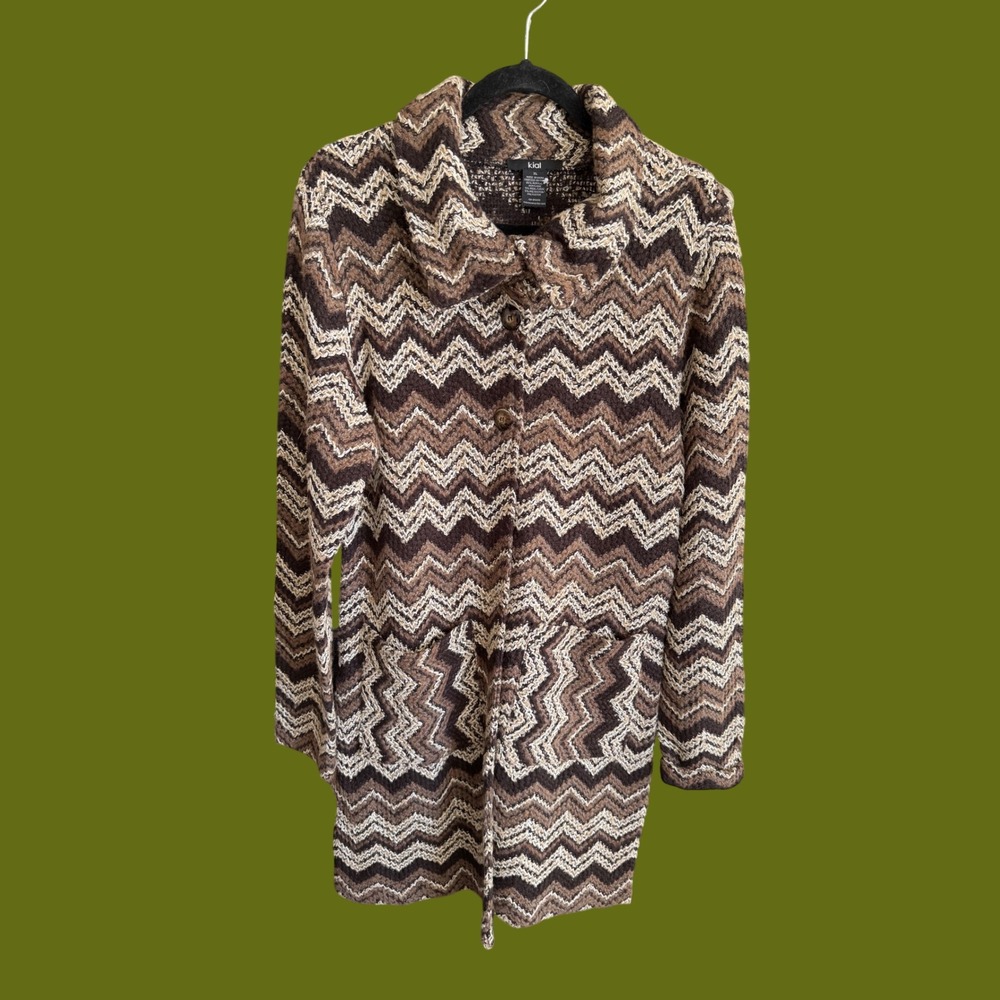 Anthropolgie Kial Chevron Knit Cardigan Sweater XL Brown‎ Zig Zag Wool Longline